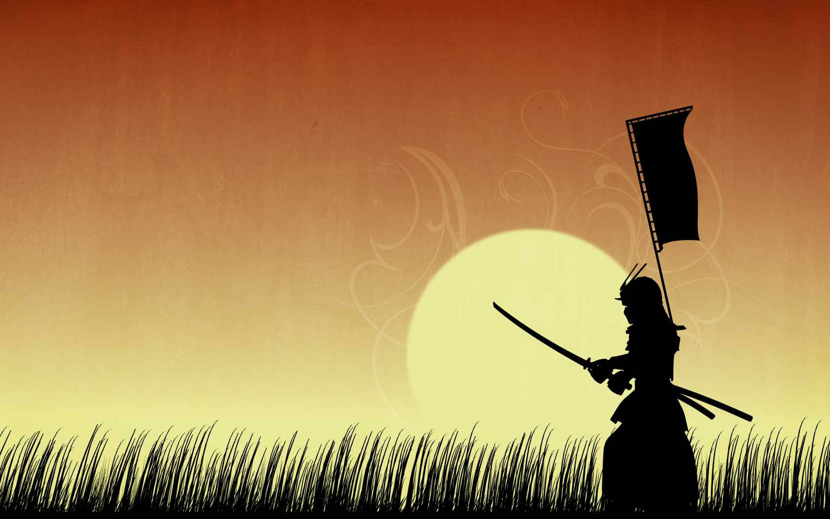 日本武士 桌布 壁紙 — 武士剪影，手持劍和旗幟，背景是溫暖的日落天空，下方有草地。