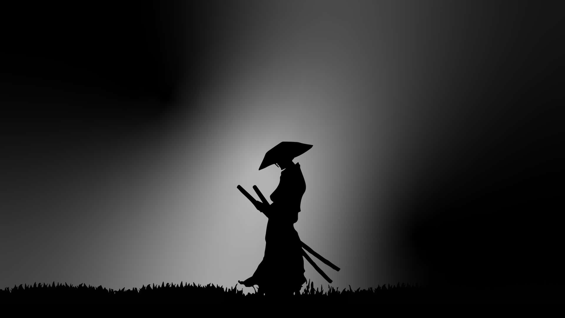 武士剪影，手持雨傘和劍，背景灰色天空 — 武士動畫 壁紙