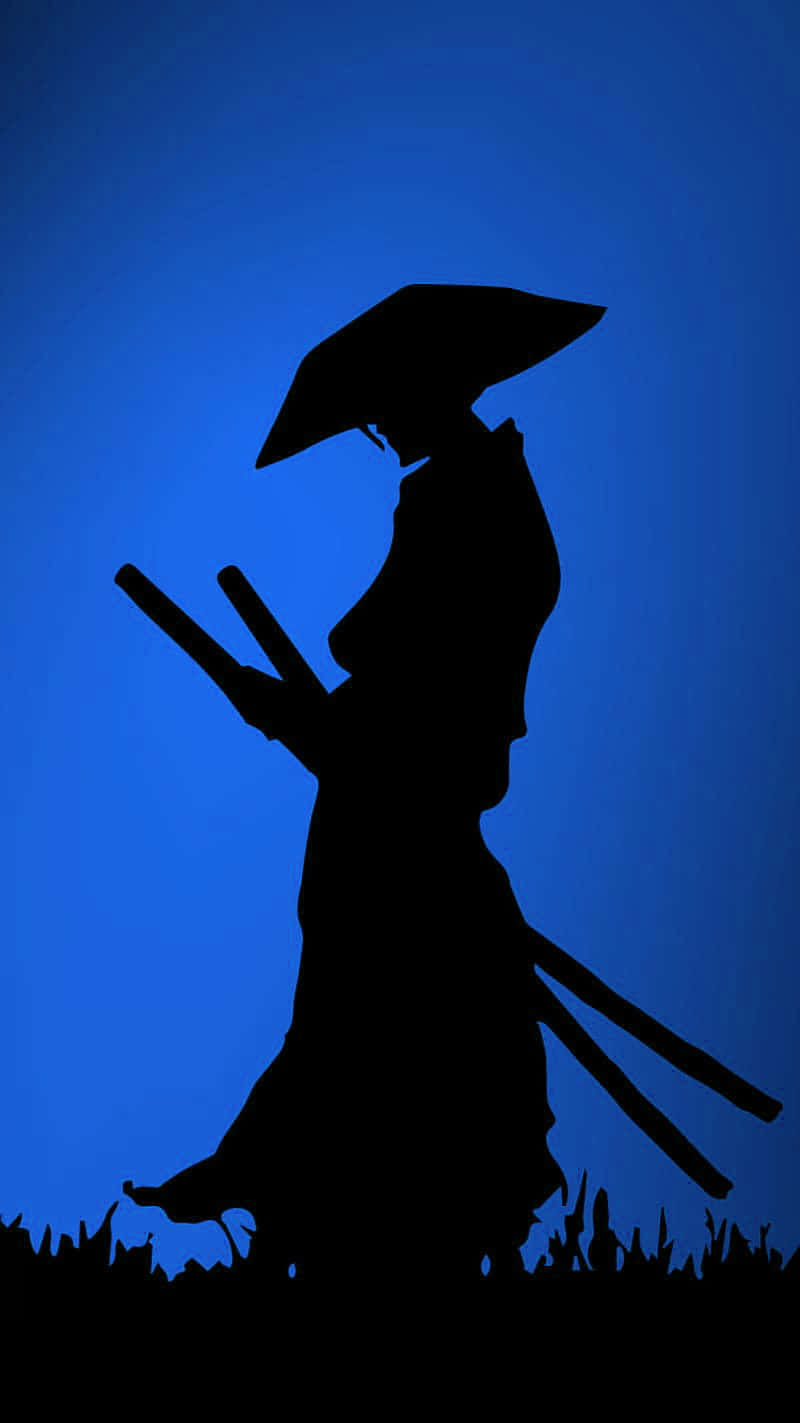 Samurai Art 桌布 壁紙 — 武士剪影，手持雨傘和劍，背景為深藍漸變天空。