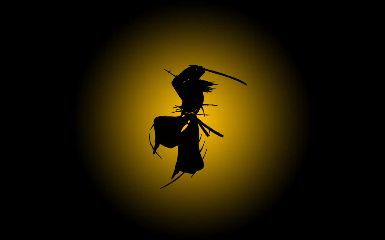 武士動畫 桌布 壁紙 — 武士剪影在動態姿勢中，背景為發光的金色圓形。