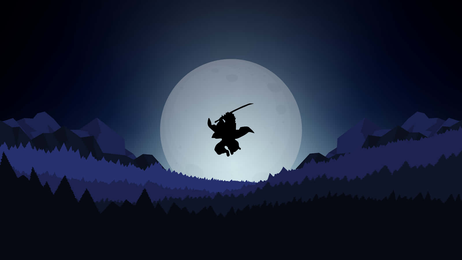 鬼滅之刃 桌布 壁紙 — 武士剪影在深藍夜空下，動態地躍向層層山峰之上巨大的發光月亮。