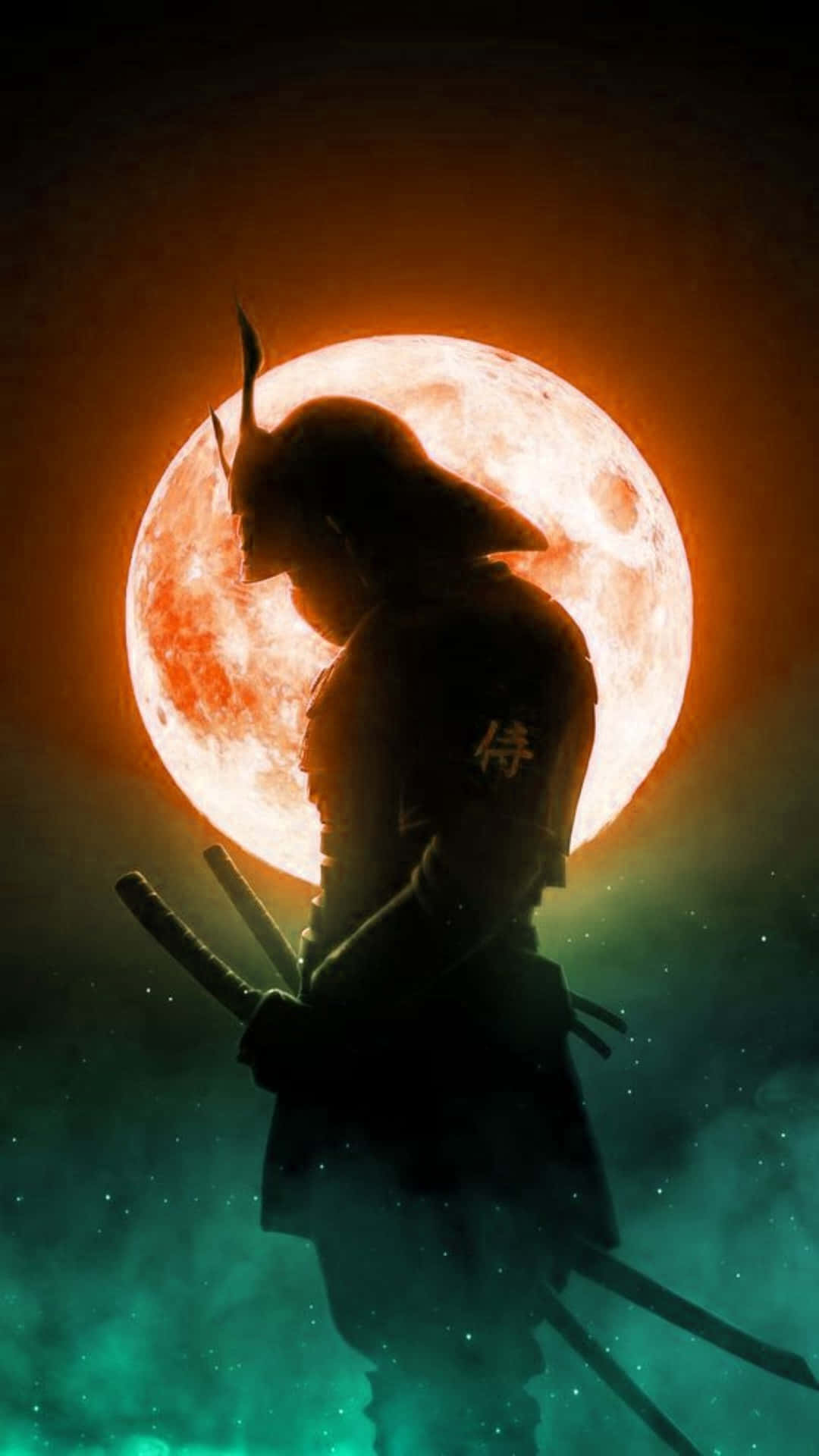 Ronin 桌布 壁紙 — 武士剪影手持刀劍，映襯著發光的紅月，下方有青綠色薄霧。