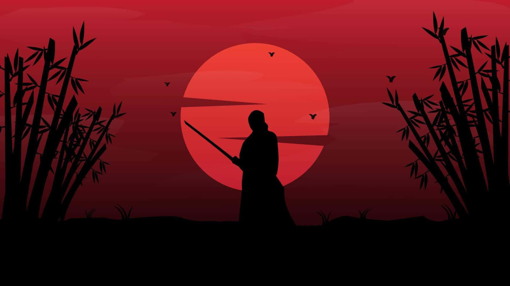 Samurai Landscape 桌布 壁紙 — 武士剪影手持劍，站在巨大的紅日前，竹枝框住場景。