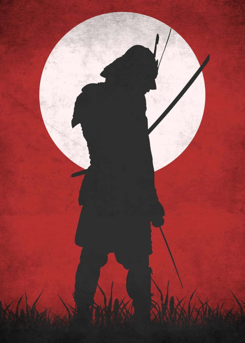 Samurai Art 桌布 壁紙 — 武士剪影手持武士刀，站在一個大的白色月亮前，背景是紋理紅色。