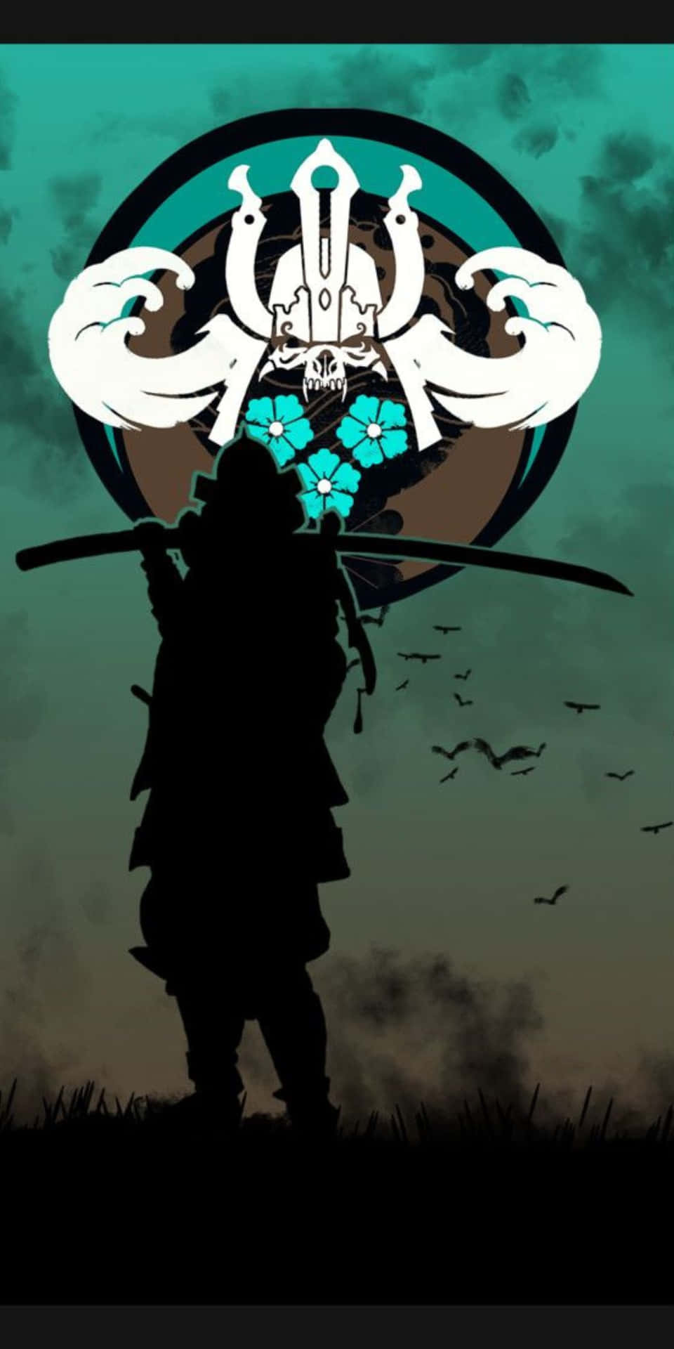 武士剪影在帶有骷髏和花朵的圓形徽章下持刀。 — 武士動畫 壁紙