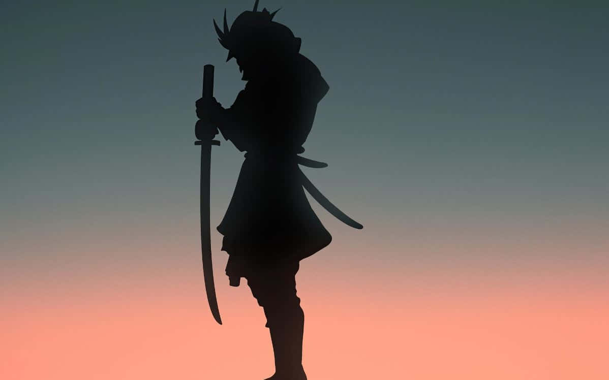 Samurai Movies 桌布 壁紙 — 武士剪影手持武士刀，背景為漸變日落天空。