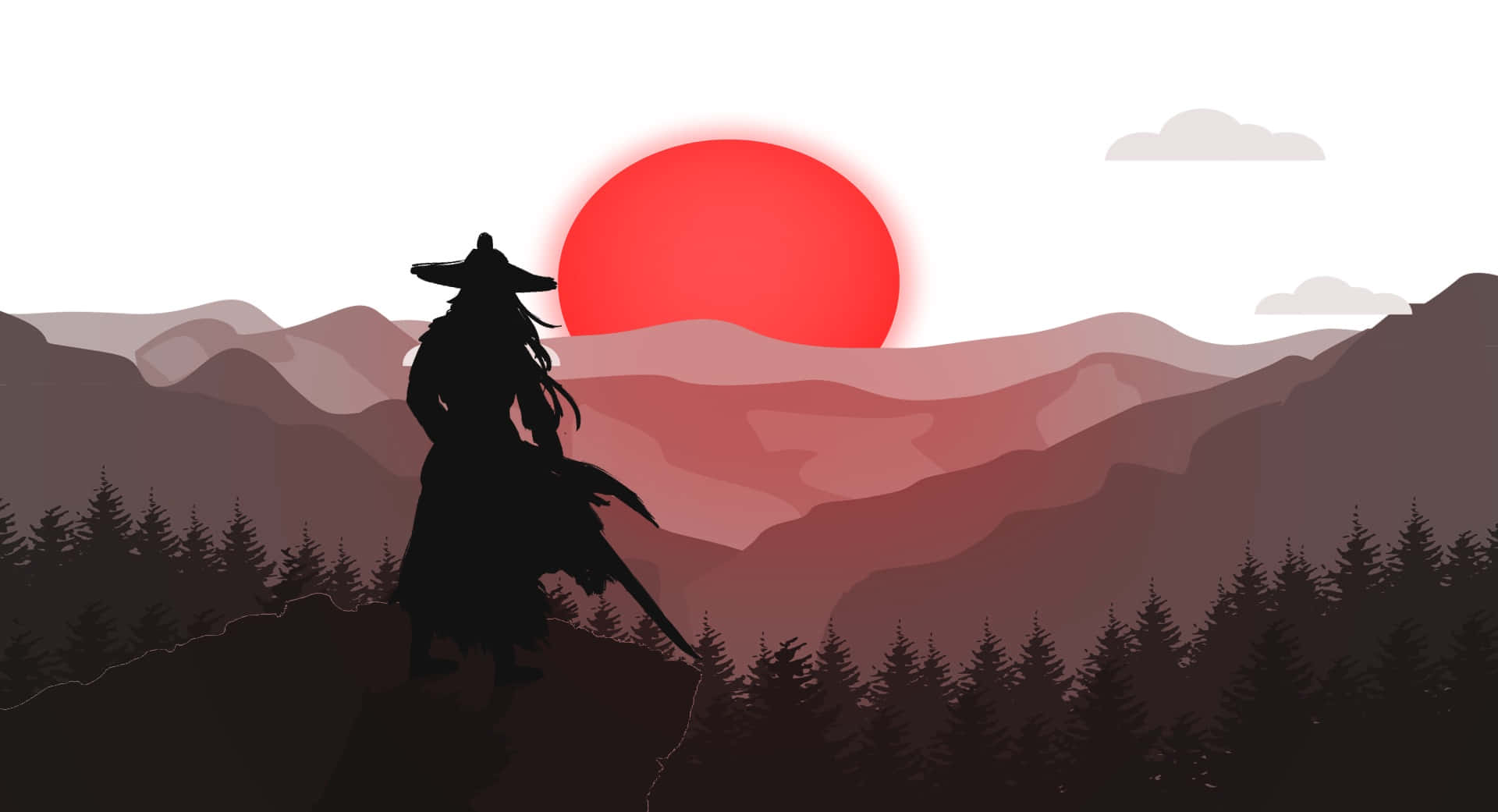 Samurai Landscape 桌布 壁紙 — 武士剪影站在山脊上，夕陽下，手持劍，襯托著鮮紅的太陽和層層疊疊的紫色山脈。