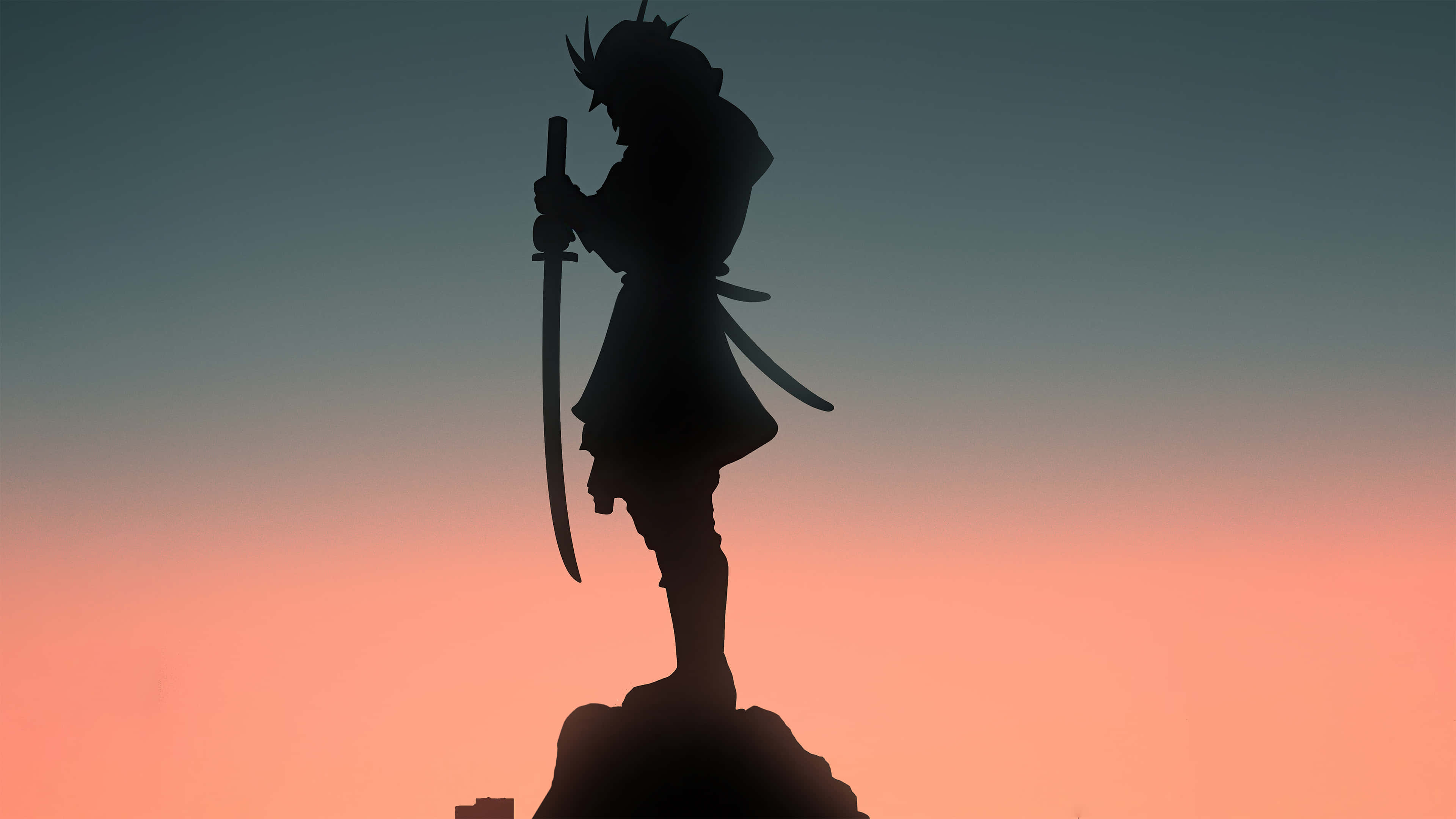 Samurai Sword 桌布 壁紙 — 武士剪影站在岩石山峰上，手持劍，背景是漸變的日落天空。