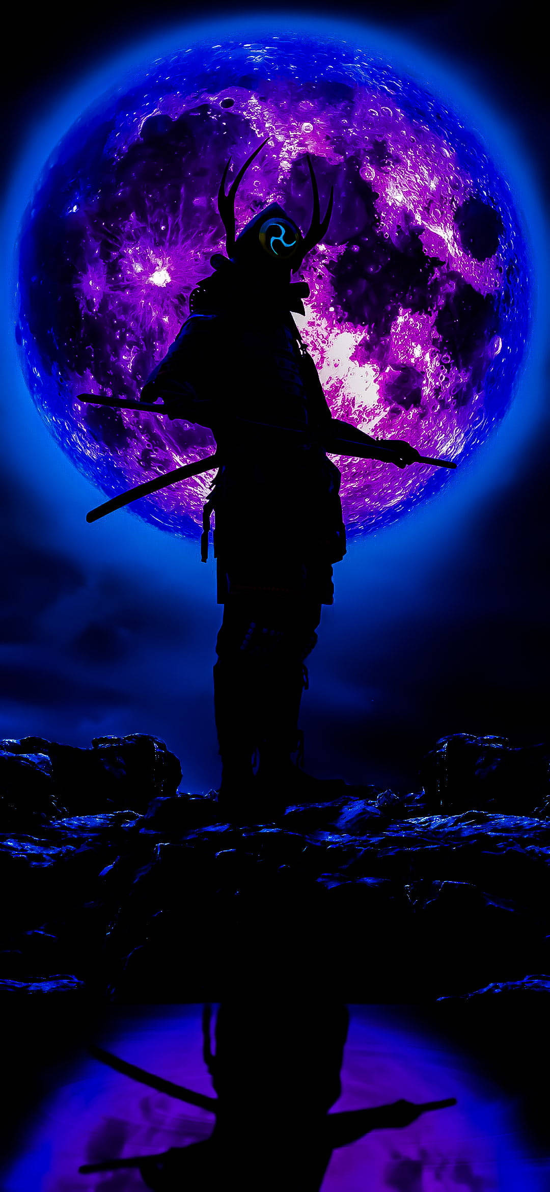 黑紫美學 桌布 壁紙 — 武士剪影站在發光的紫色月亮前，眼睛發光，劍的倒影映在水中。