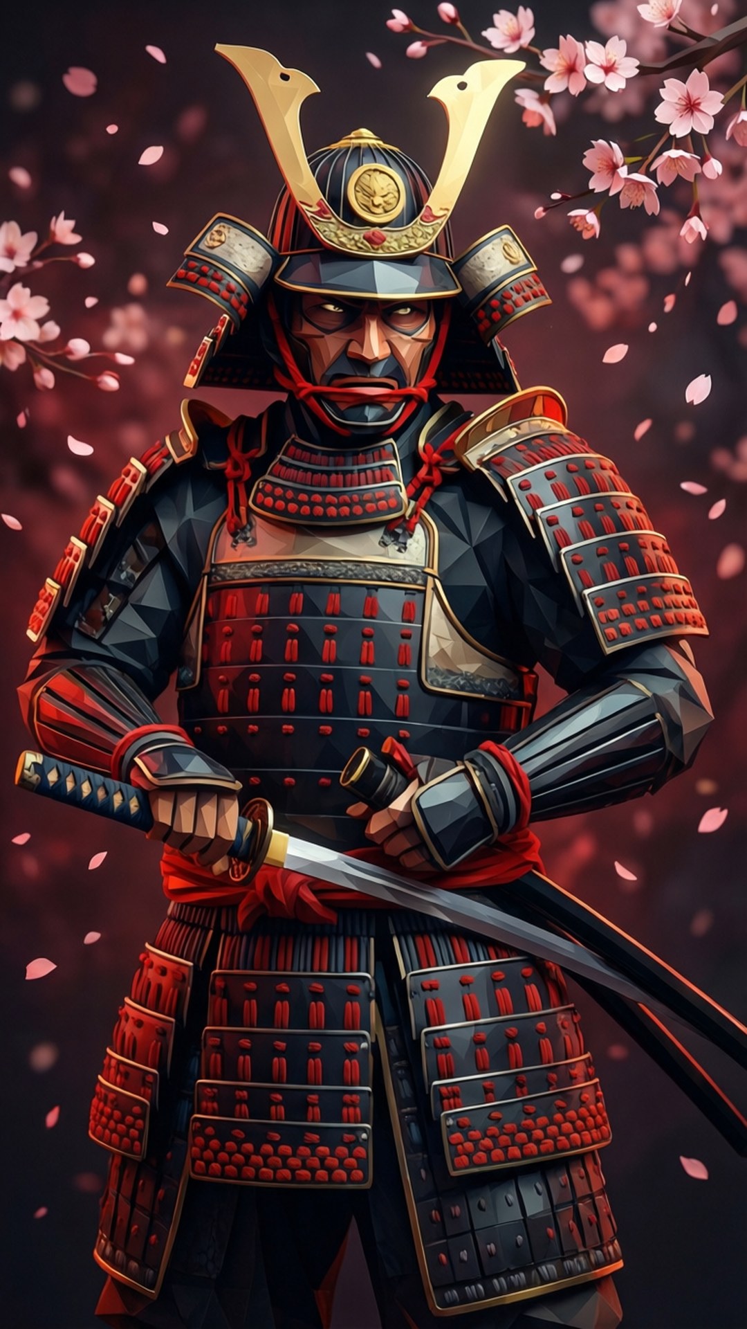武士多邊形藝術 壁紙 — 一位嚴肅的武士戰士穿著精細的黑紅盔甲，站在黑暗天空下飄落的櫻花中。