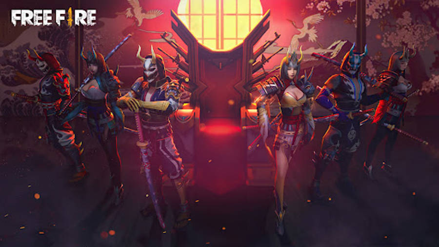 Free Fire 桌布 壁紙 — 武士戰士和一名女戰士站在一個發光的紅色神社中，在一個大太陽下，櫻花飄落。