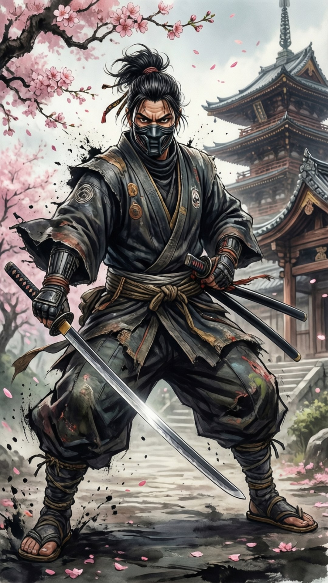 武士漂流 壁紙 — 一名蒙面忍者戰士在傳統日本寺廟附近盛開的櫻花下，手持武士刀蓄勢待發。