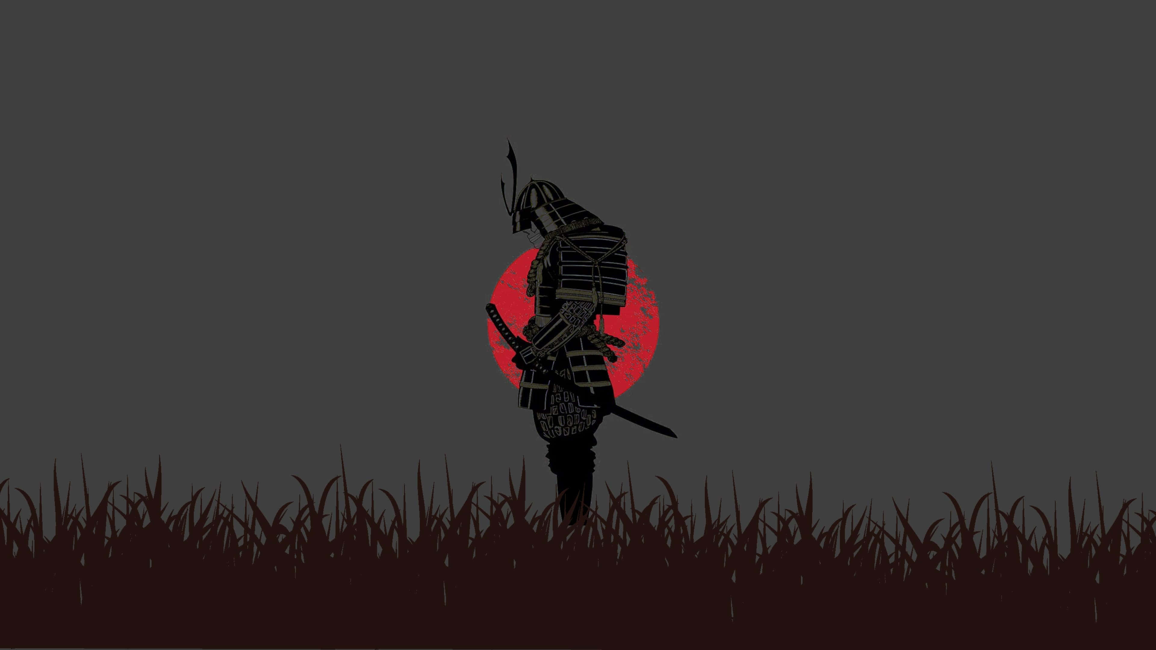 Samurai X 桌布 壁紙 — 武士的剪影站在高高的草叢中，背景是深灰色背景上鮮紅的太陽。