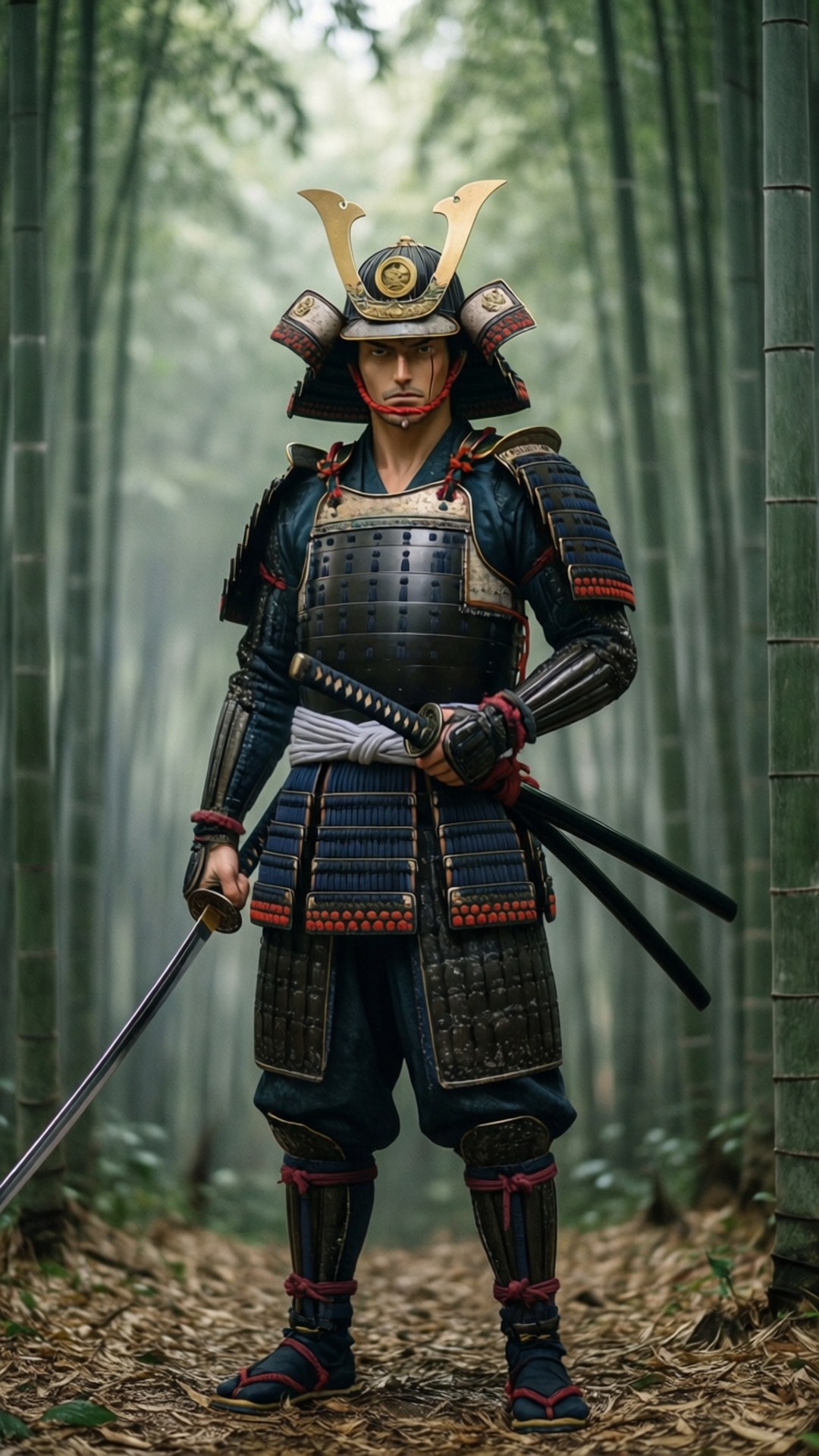 武士索隆竹林間 壁紙 — 一位身穿精細深藍色和紅色盔甲的武士武士，在霧氣瀰漫的竹林中手持武士刀，蓄勢待發。