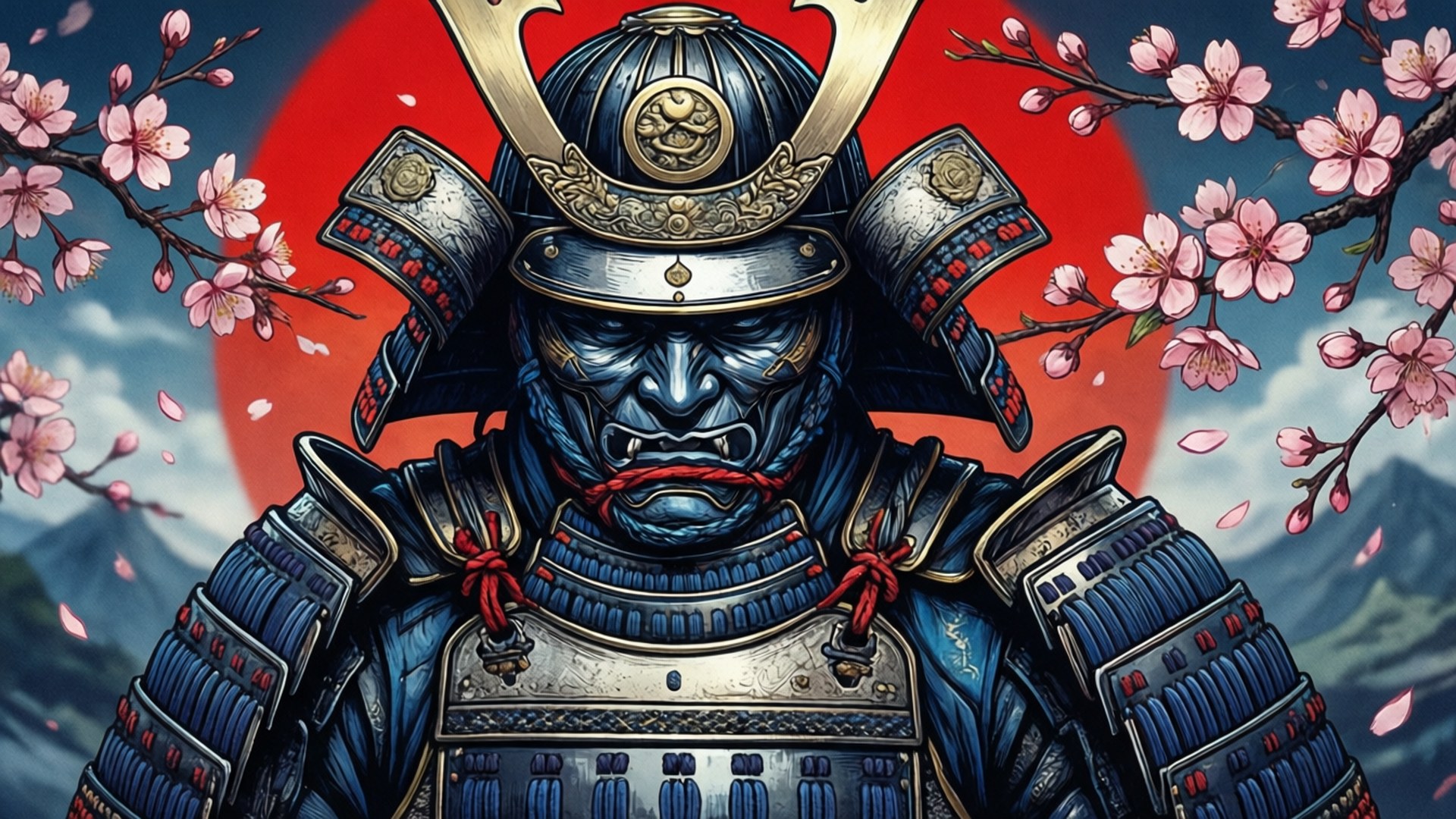 武士與櫻花酷炫繪畫 壁紙