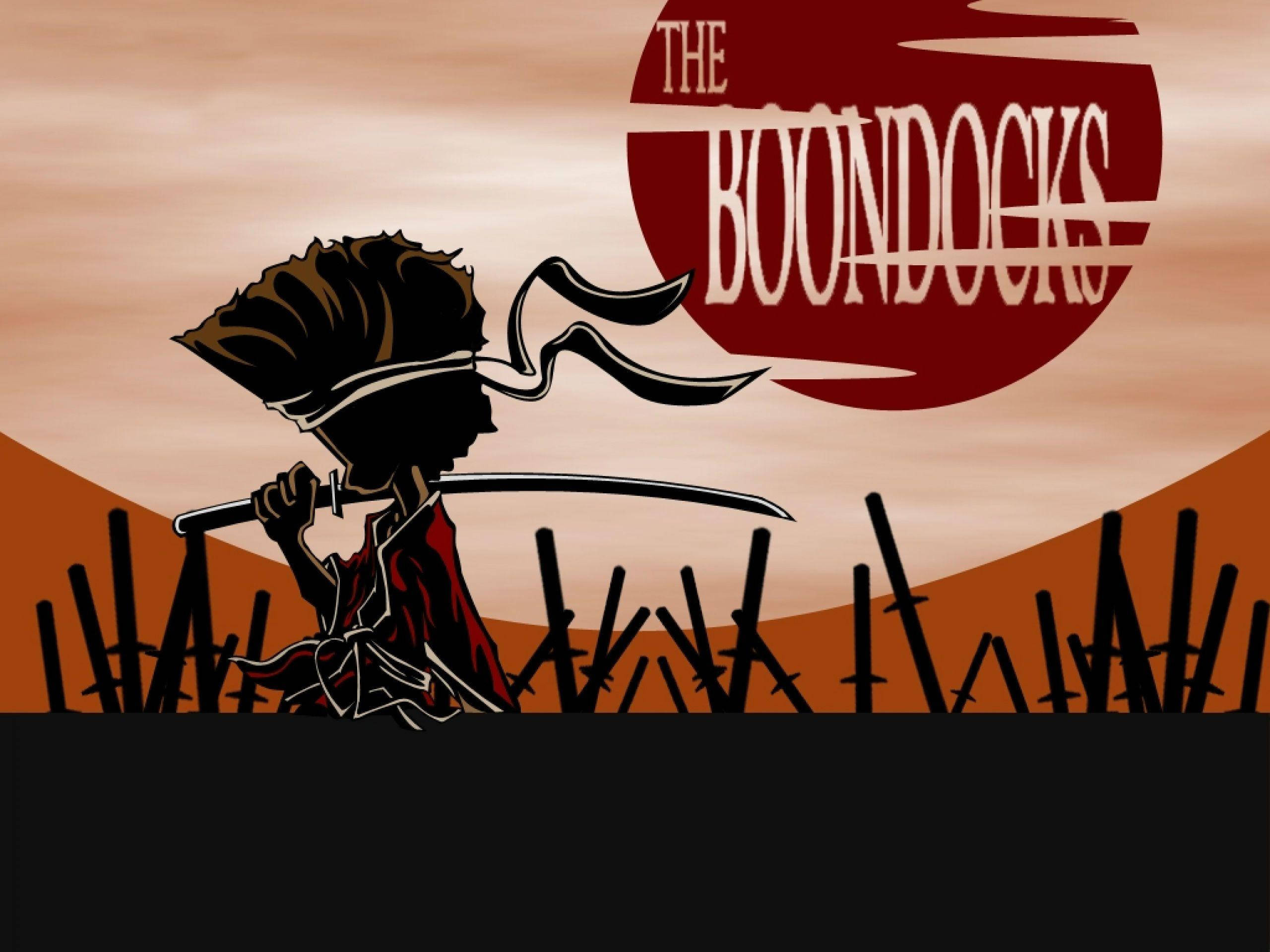 Boondocks 桌布 壁紙 — 武士風格角色手持劍的剪影，背景為日落，並帶有「The Boondocks」標誌。