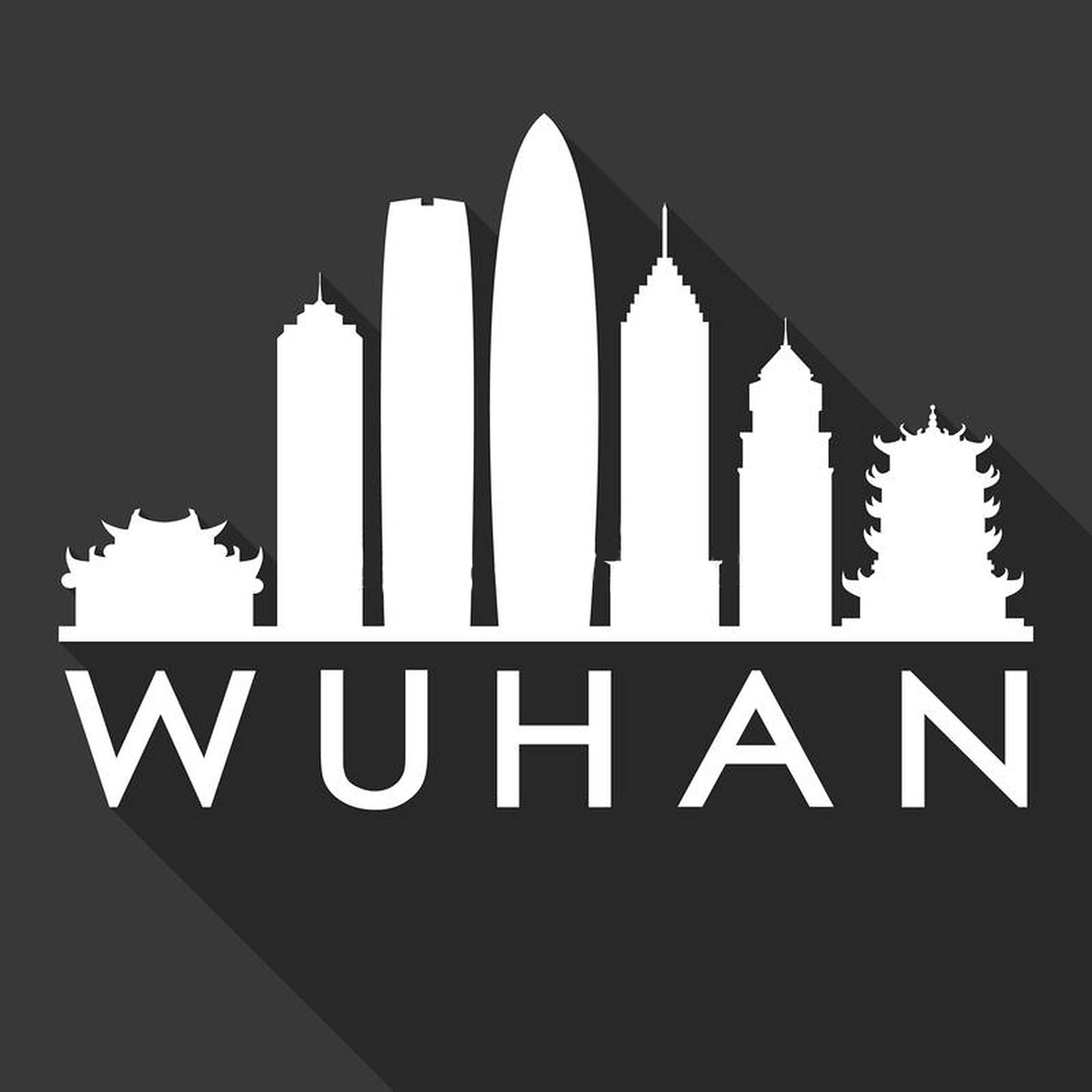 Wuhan 桌布 壁紙 — 武漢天際線的白色剪影，包含現代摩天大樓和傳統寶塔，背景為深灰色。