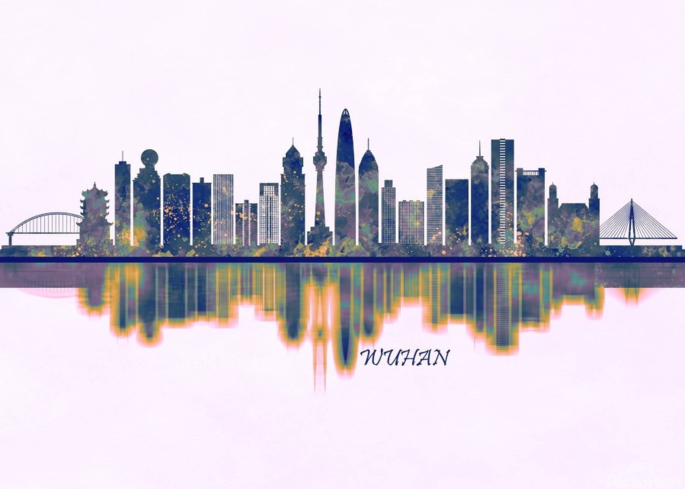 Wuhan 桌布 壁紙 — 武漢天際線的風格化剪影，在柔和紫色光線下水面映出多彩倒影。