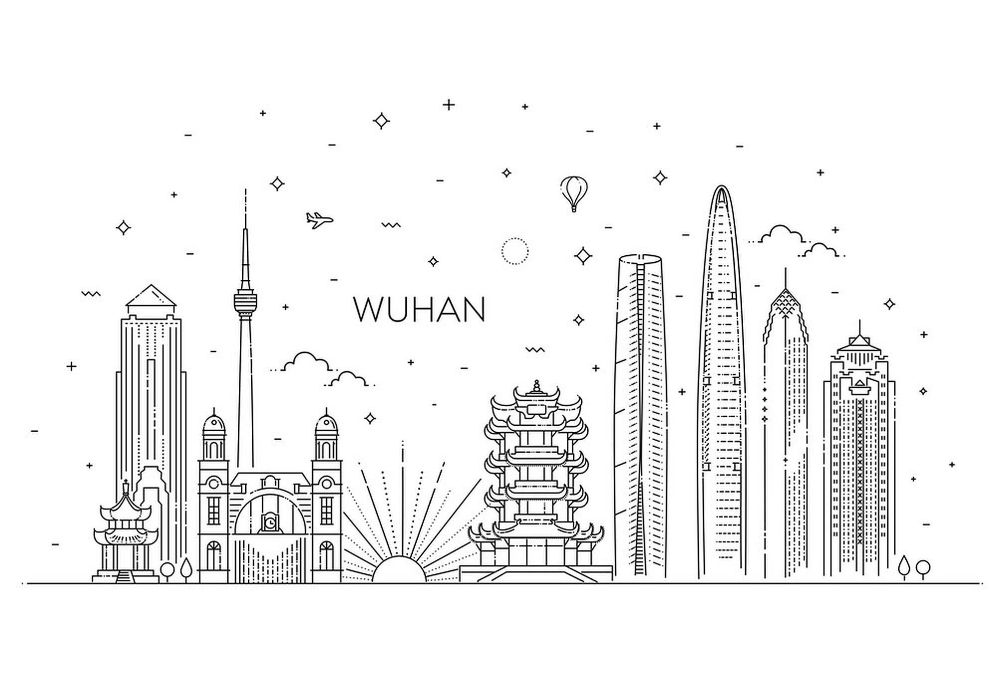 Wuhan 桌布 壁紙 — 武漢的極簡線條藝術天際線，以傳統寶塔和現代摩天大樓為特色，在星空和旭日東昇下。