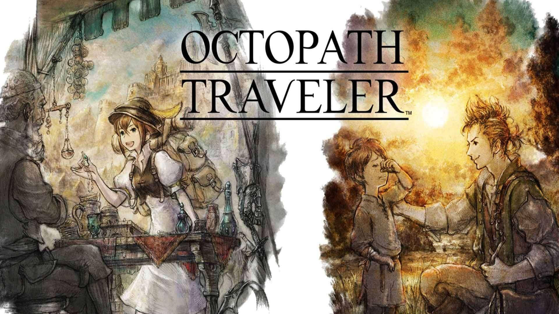 Traveler 桌布 壁紙 — 《歧路旅人》的兩個插圖場景展示了一個開朗的藥水販賣者，以及一個男孩和一個男人在溫暖的日落光下的溫柔時刻。