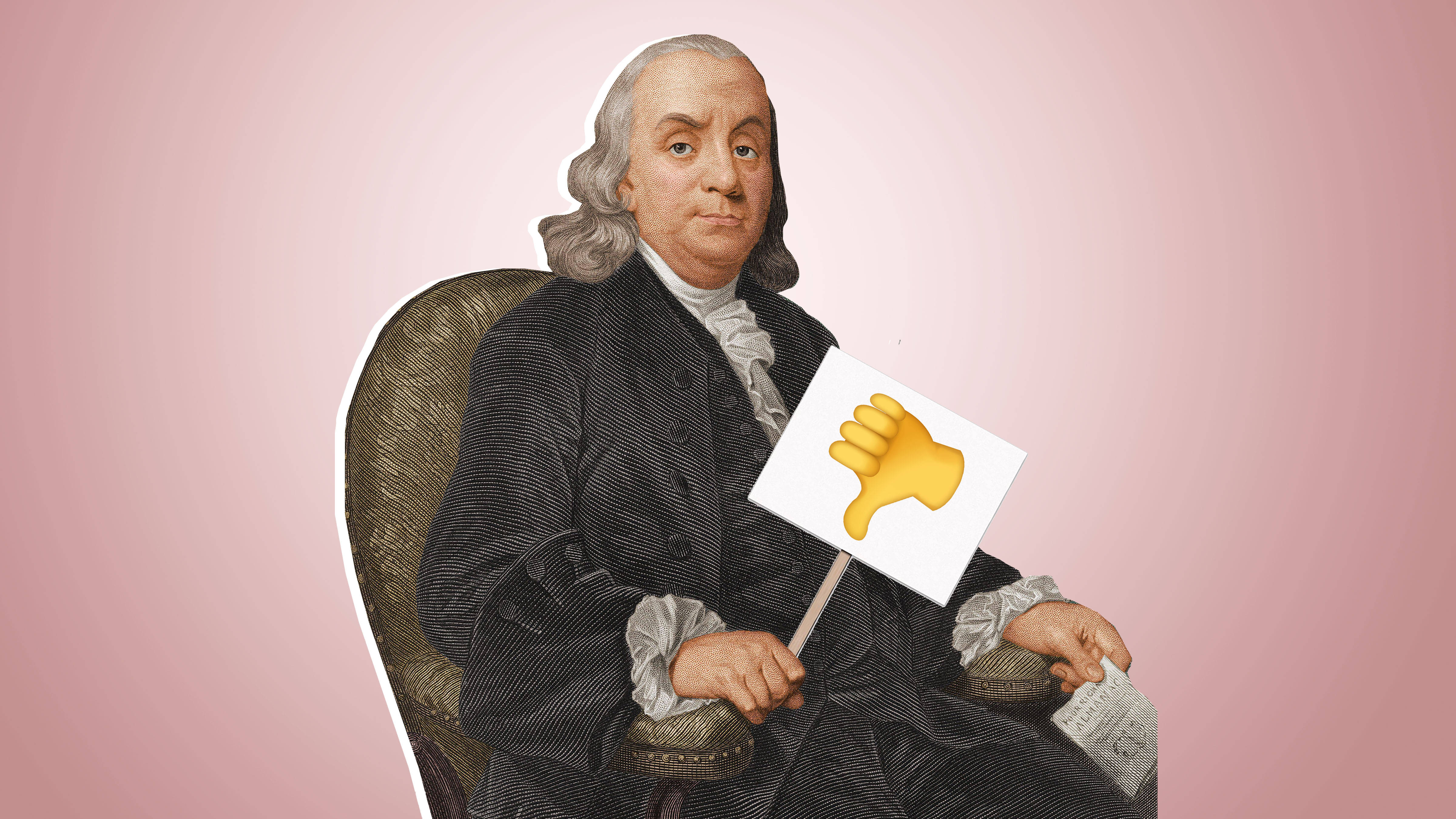 Franklin 桌布 壁紙 — 歷史人物穿著殖民時期服裝坐在椅子上，在柔和的粉紅色背景前舉著一個豎起大拇指朝下的表情符號標誌。