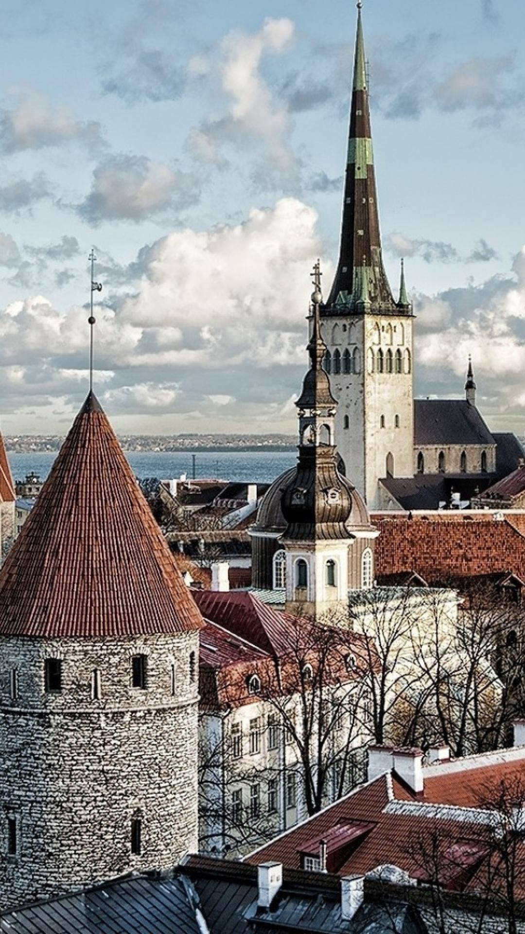 Estonia 桌布 壁紙 — 歷史悠久的歐洲城市景觀，擁有石塔、紅色屋頂和高聳的教堂尖塔，在陰天天空下俯瞰水面。