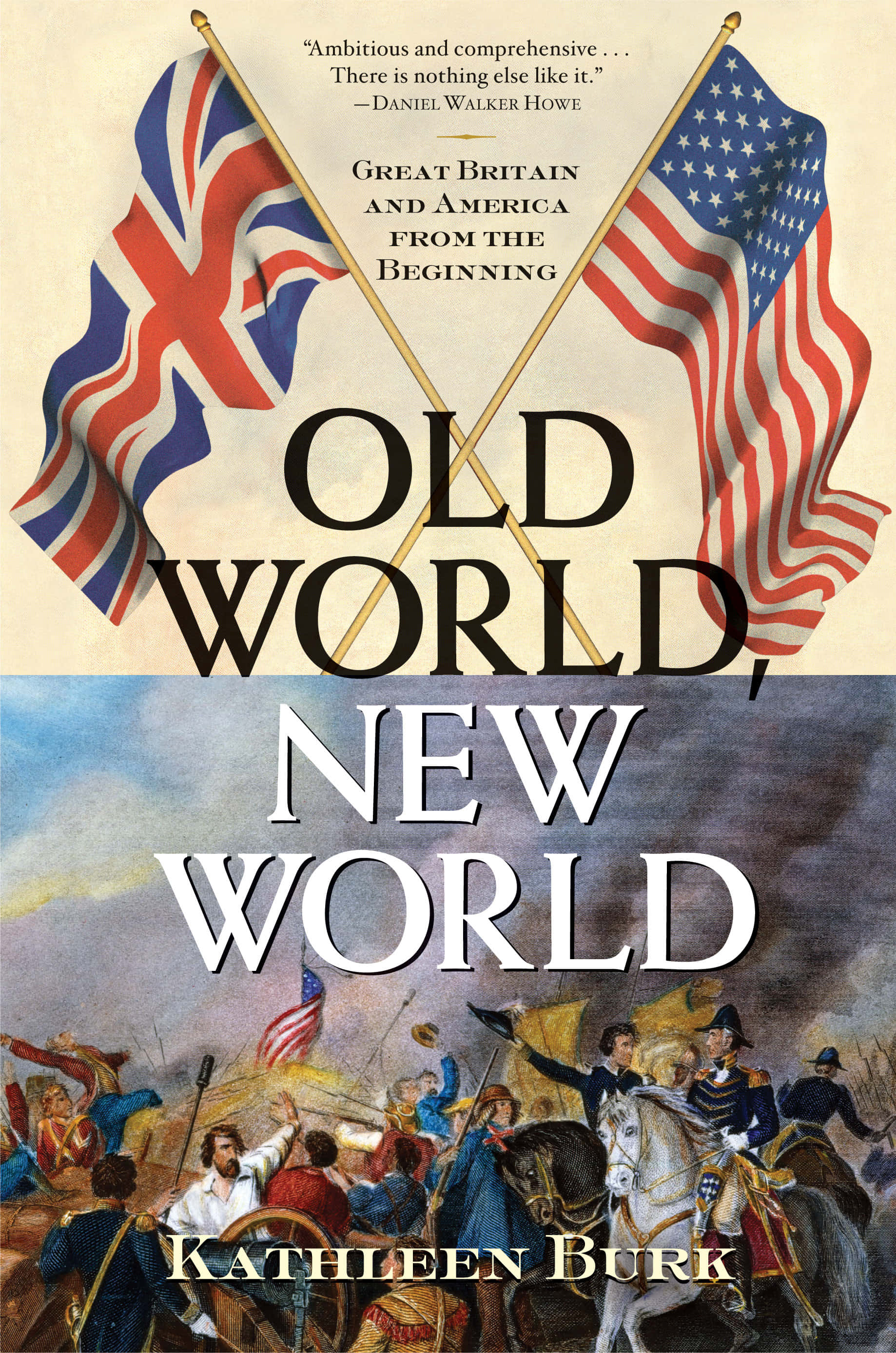 New World 桌布 壁紙 — 歷史戰鬥場景，革命戰爭制服士兵上方交叉的英國和美國國旗。