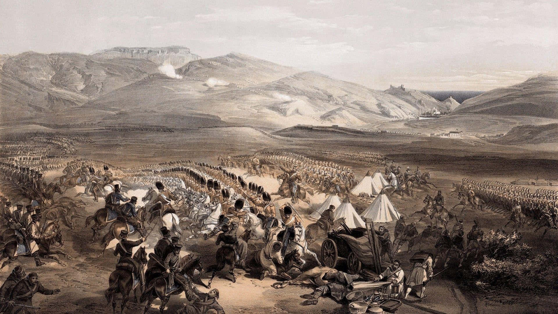 Native American 桌布 壁紙 — 歷史戰鬥場景，騎兵和步兵在陰天籠罩下的廣闊山區平原上交戰。