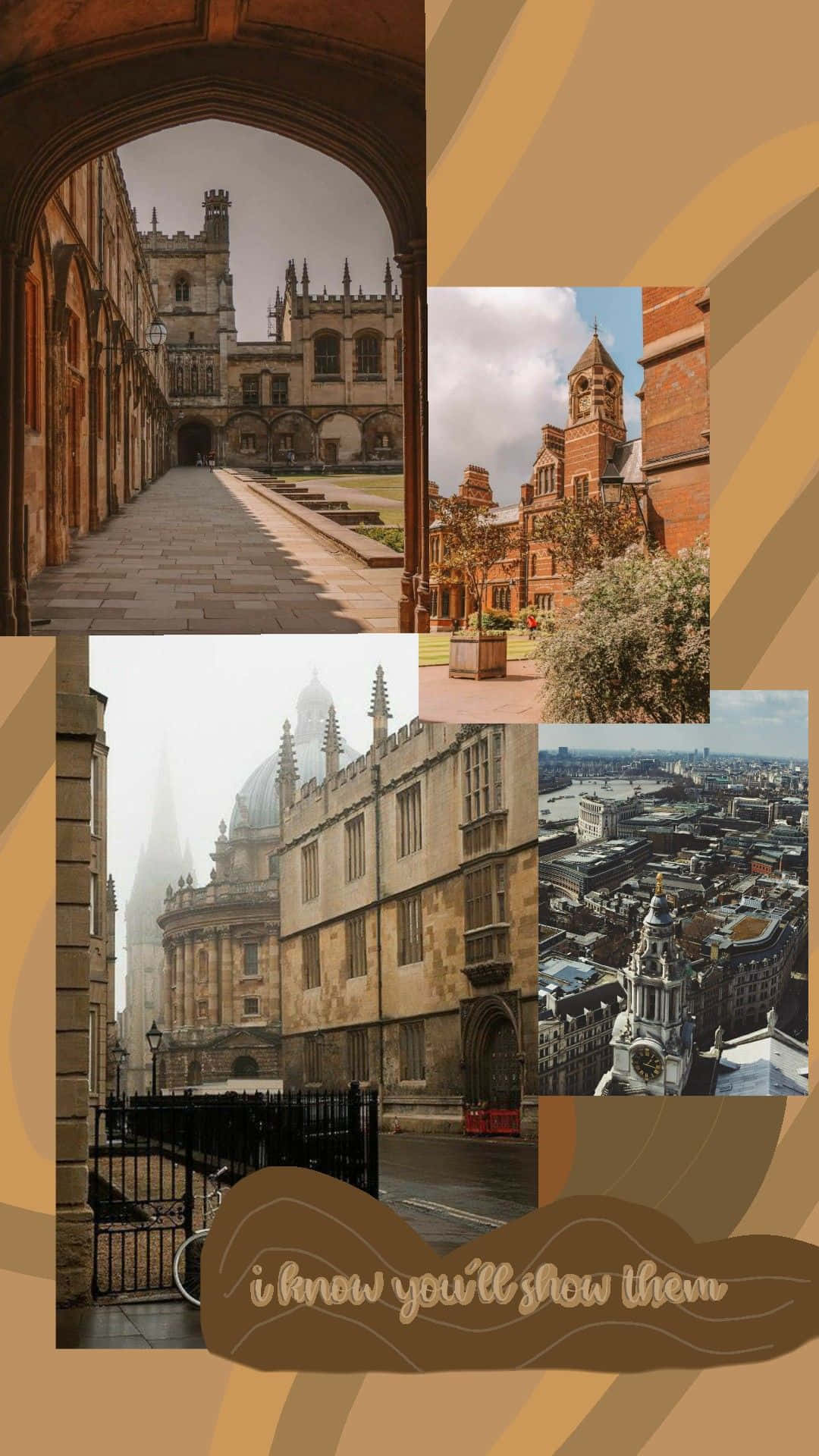 England 桌布 壁紙 — 歷史牛津大學場景的拼貼畫，以溫暖的幾何圖案和復古文字疊加框住。