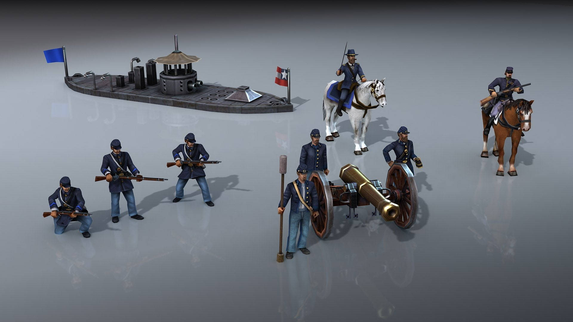 civilization 5 桌布 壁紙 — 歷史軍事人物身穿藍色制服，手持步槍和大砲，在反光的灰色工作室地板上擺姿勢。