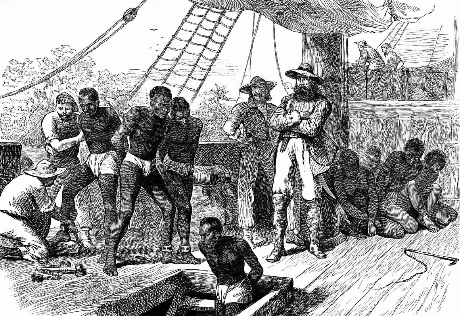 Slave 桌布 壁紙 — 歷史黑白插圖，顯示被奴役的非洲人在武裝白人水手的監視下被迫登上船甲板。