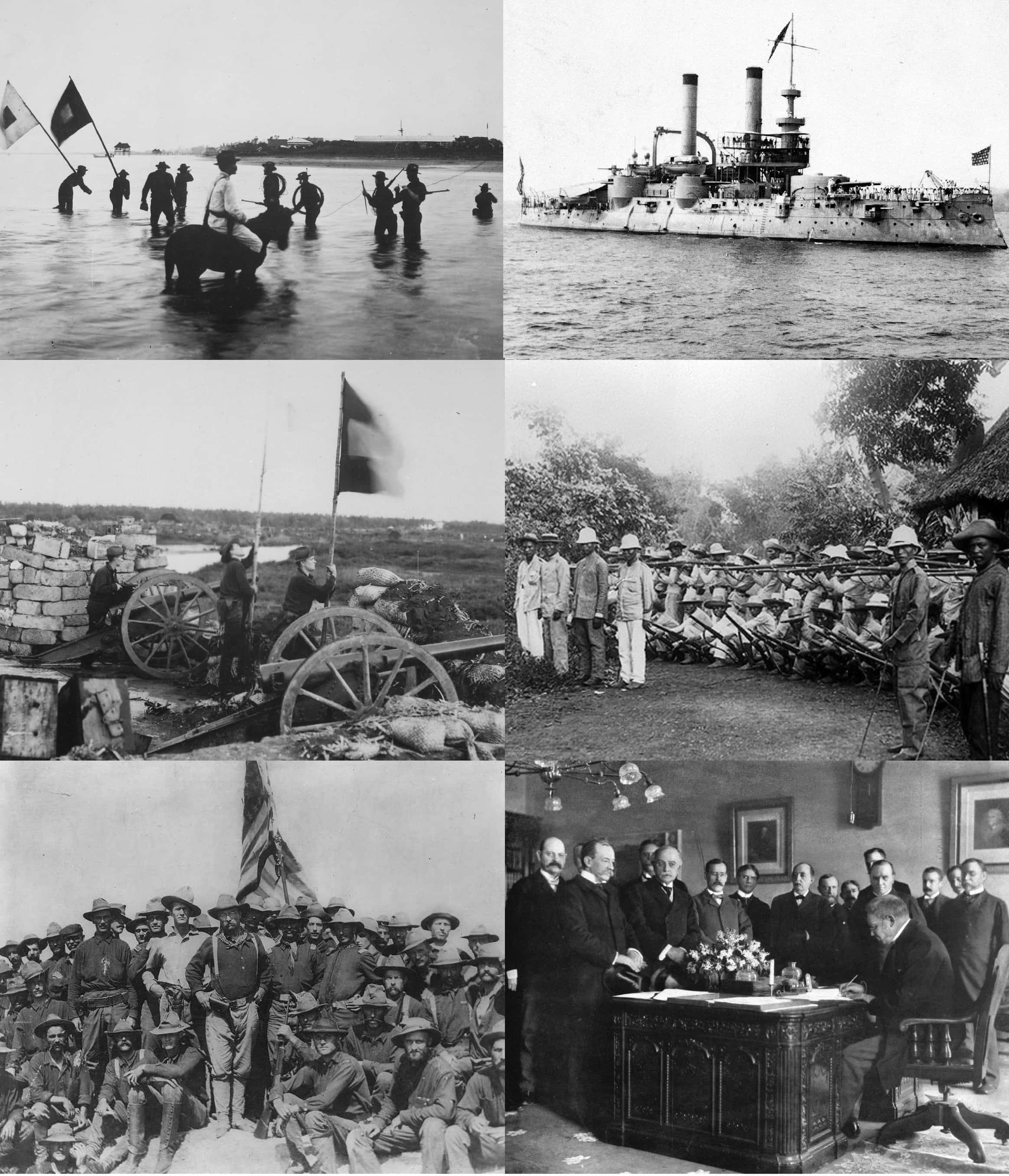 戰爭動圖 桌布 壁紙 — 歷史黑白照片拼貼，展示士兵在水中持旗、戰艦、大炮、列隊部隊及簽署文件的人們。