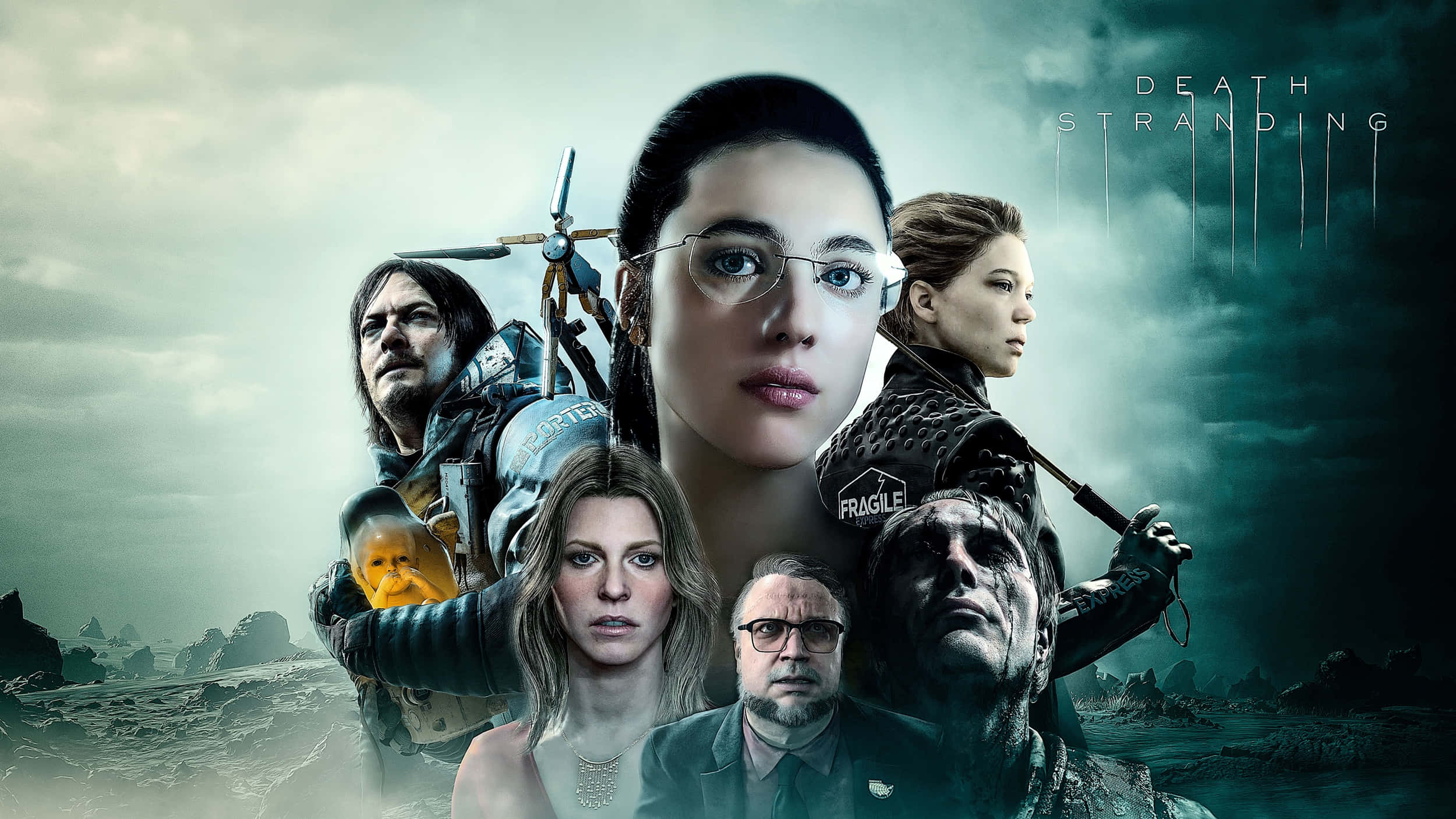 Death Stranding Desktop 桌布 壁紙 — 《死亡擱淺》角色的戲劇性拼貼畫，背景是風暴海岸和陰沉的雲層。