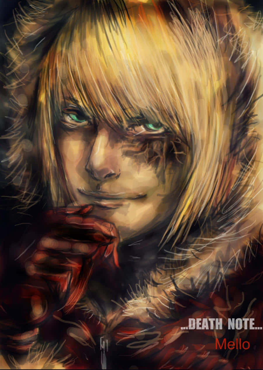 Death Note Mello 桌布 壁紙 — 死亡筆記中梅洛的特寫動畫肖像，擁有強烈的綠色眼睛和一頭凌亂的金髮，背景為深色。