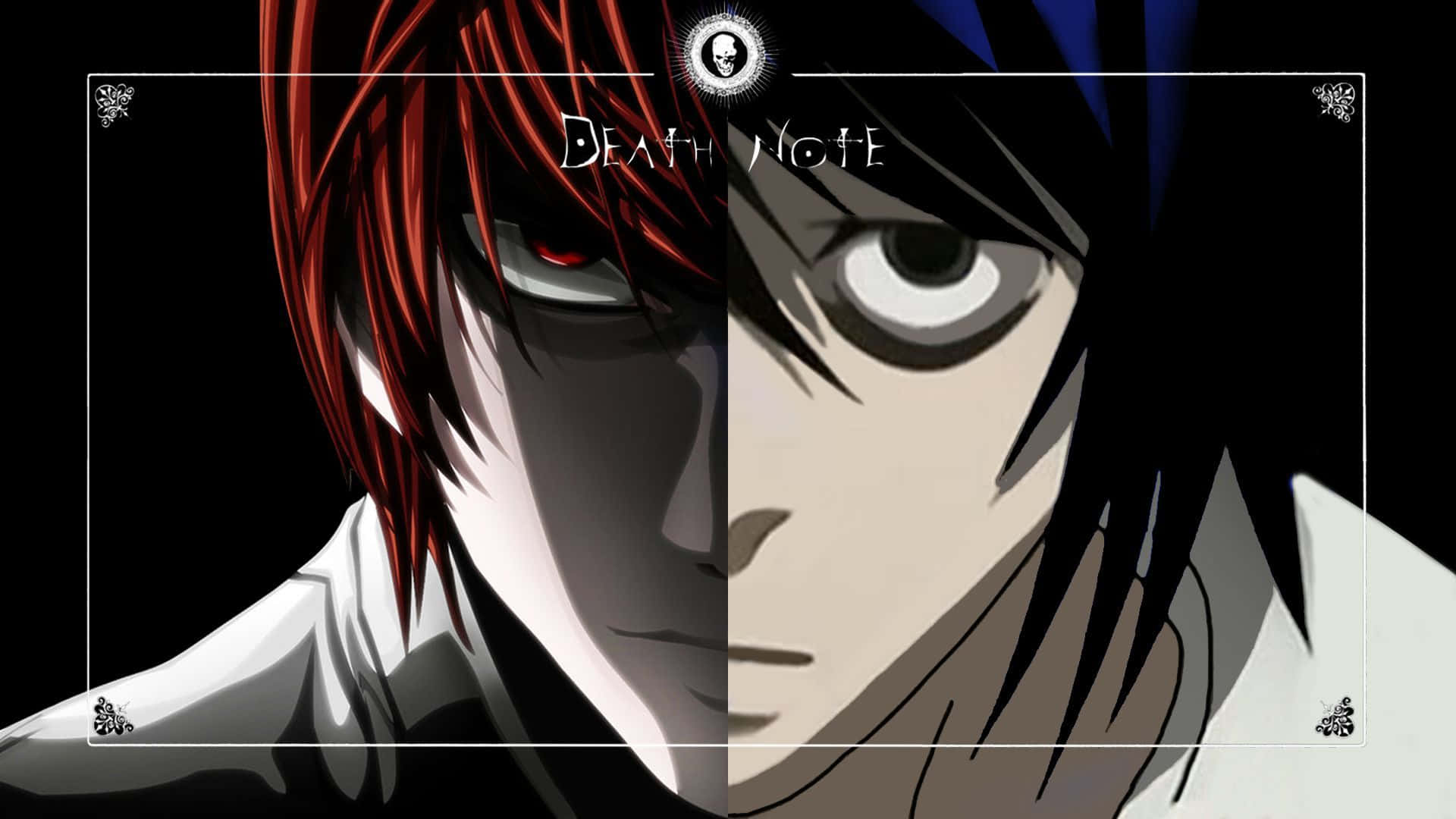 Death Note 4K 桌布 壁紙 — 《死亡筆記本》中兩個角色的分屏動畫肖像，頭髮呈對比的紅色和黑色，背景為深色。