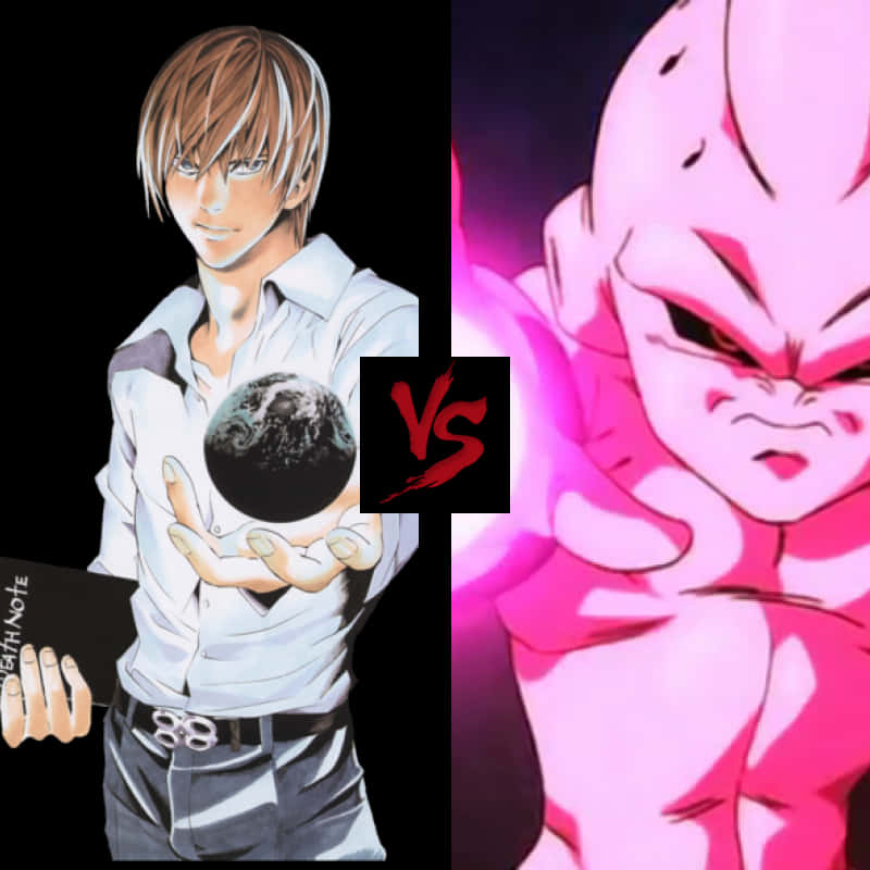 Light Yagami 桌布 壁紙 — 《死亡筆記本》動畫角色L手持地球，與粉紅色頭髮的賽亞人戰士對峙的戲劇性對決場景。