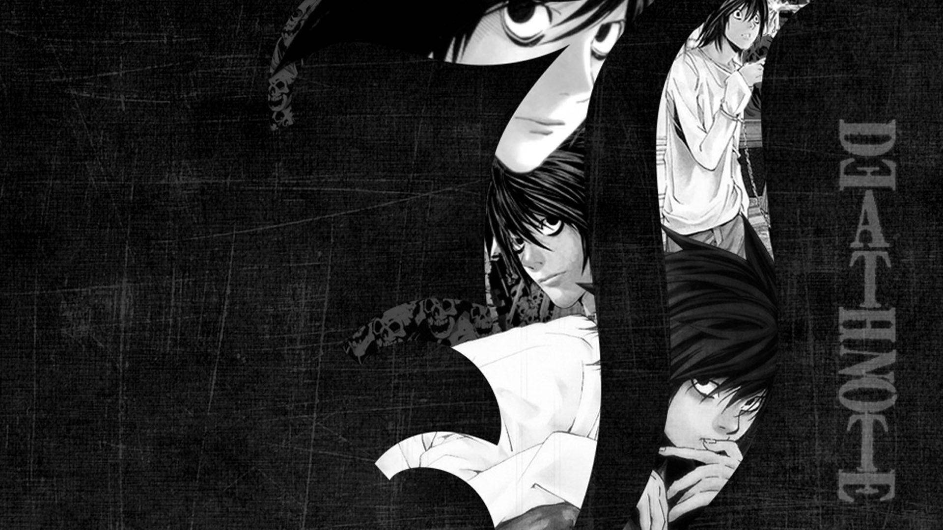 L 桌布 壁紙 — 《死亡筆記本》的黑白動漫角色以碎片化面板形式出現在紋理深色背景上。