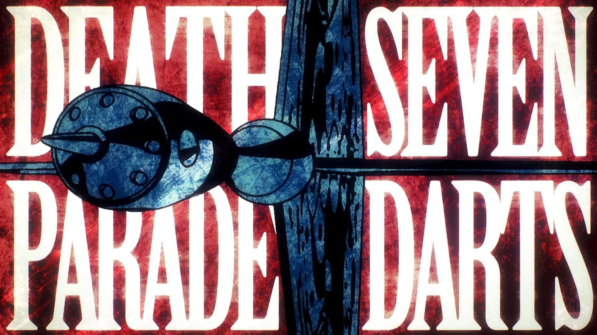 Death Parade 桌布 壁紙 — 《死亡遊行飛鏢》大膽動畫風格標題卡，藍色飛鏢穿過紅色紋理背景。