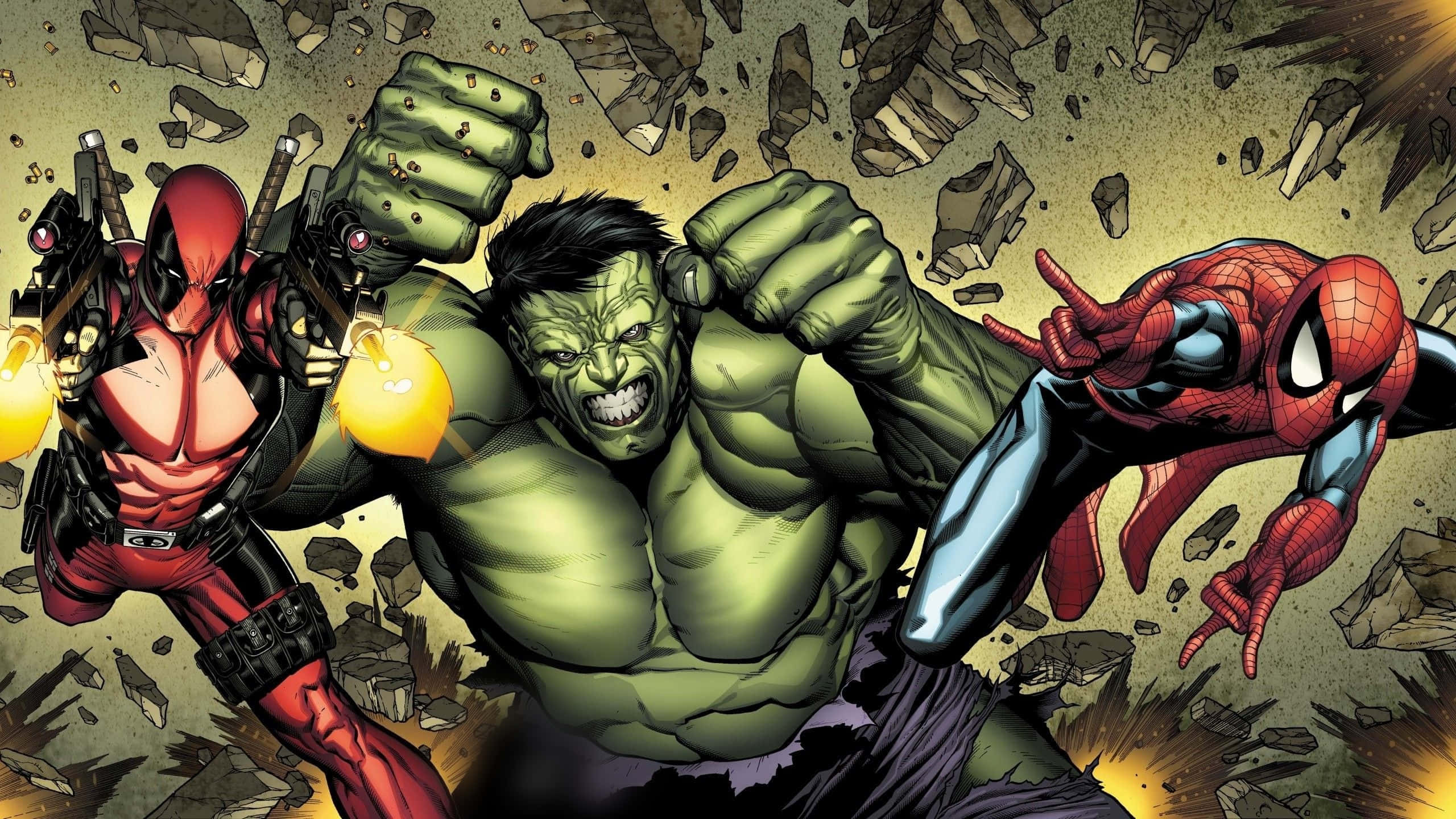 Marvel Comics 2560x1440 桌布 壁紙 — 死侍、浩克和蜘蛛人在破碎的石頭戰場上以爆炸性能量碰撞。