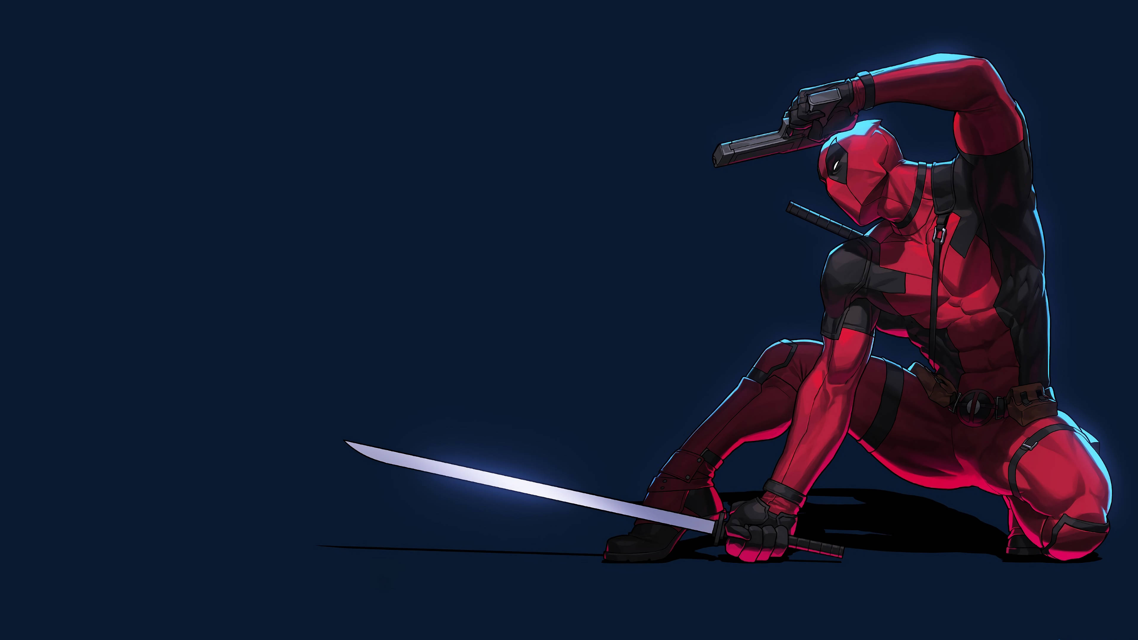 4K deadpool 桌布 壁紙 — 死侍以動態姿勢蹲下，手持發光劍和手槍，背景為深藍色。