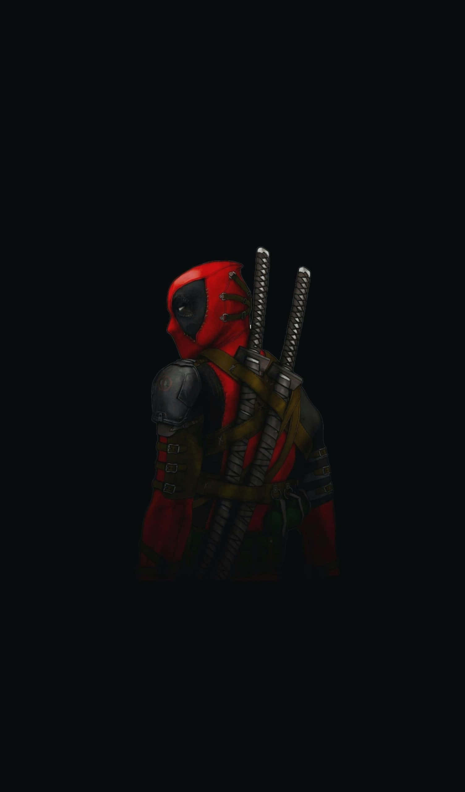 Deadpool Logo 桌布 壁紙 — 死侍側身站在黑色背景前，背上綁著兩把劍。