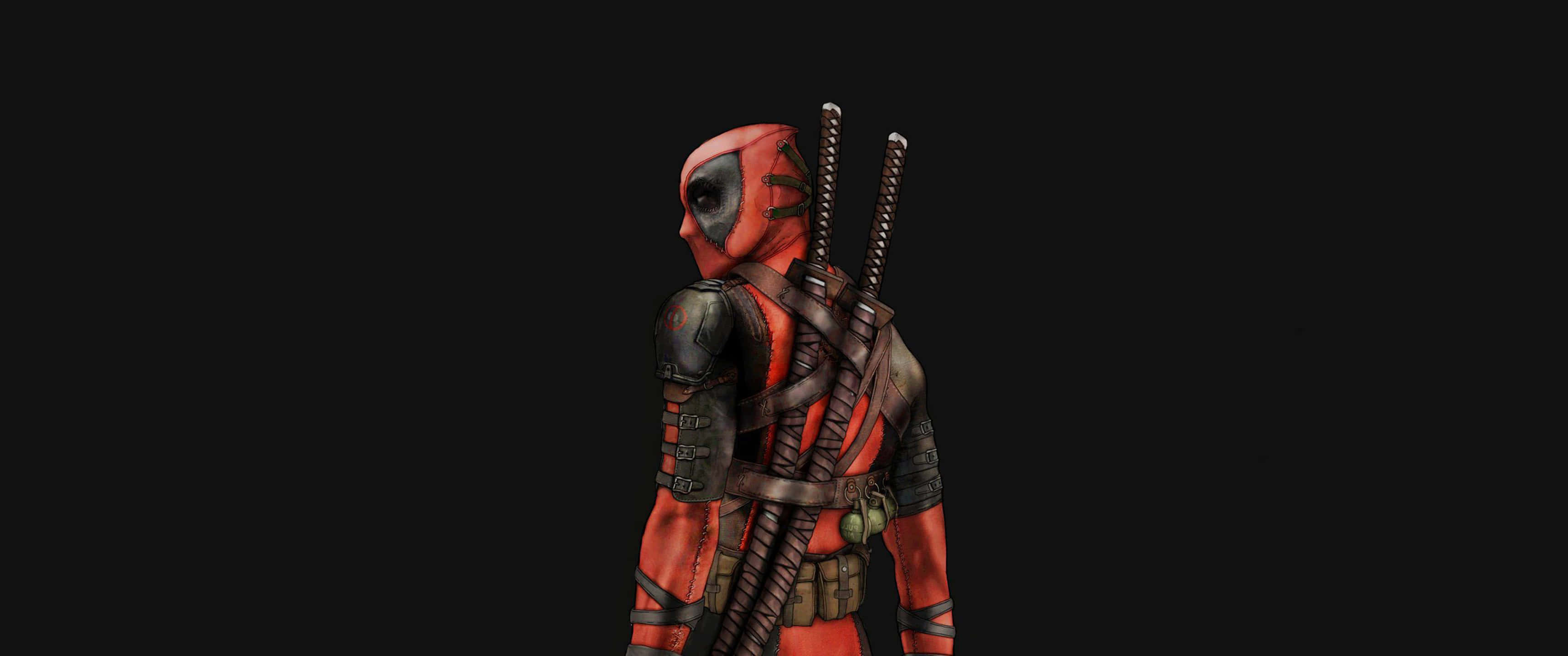 死侍 桌布 壁紙 — 死侍側身站在黑色背景前，背上綁著兩把武士刀。