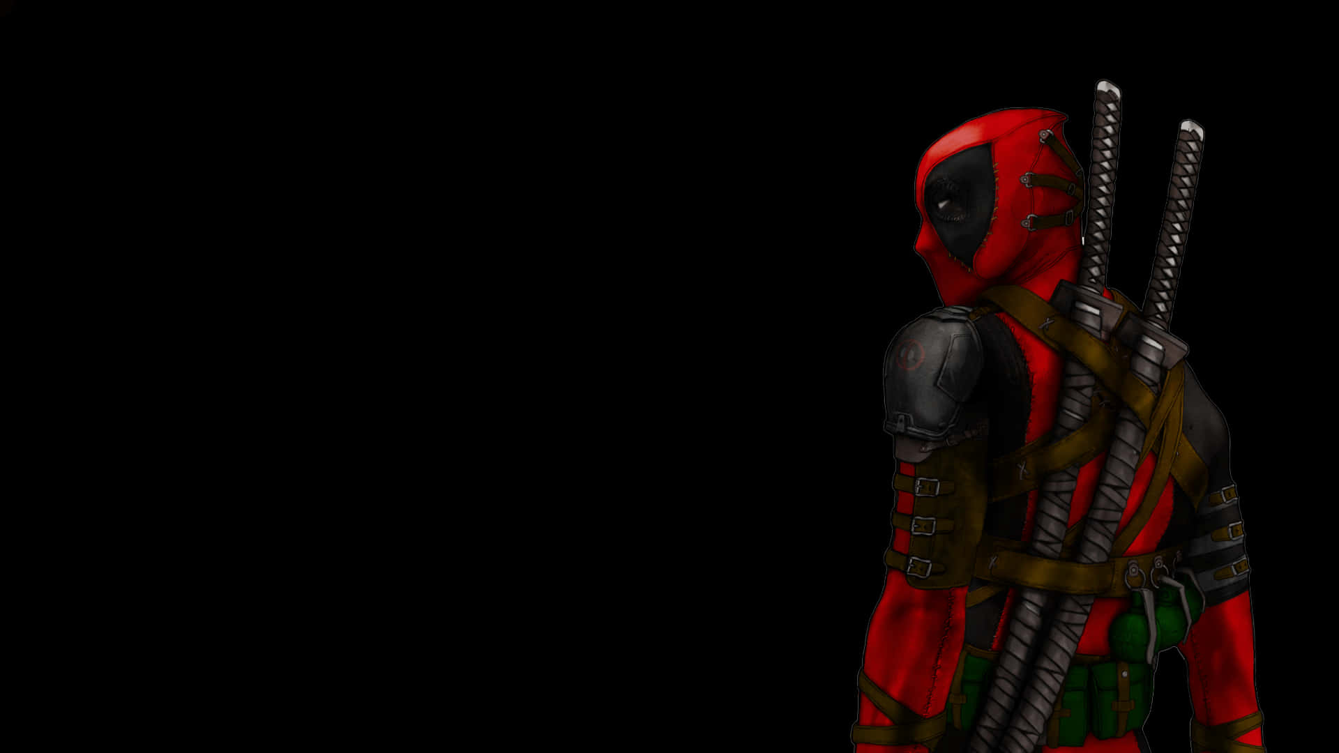 Black Deadpool 桌布 壁紙 — 死侍側身站在黑色背景前，背上綁著兩把劍。