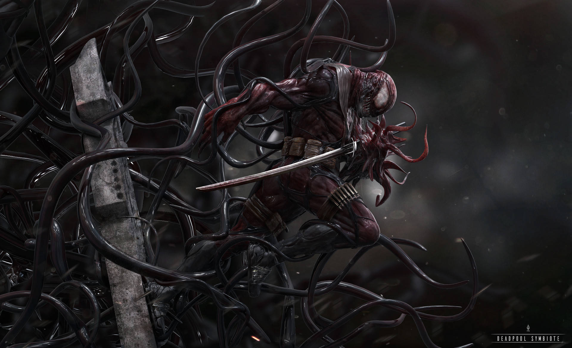 4K deadpool 桌布 壁紙 — 死侍共生體在旋轉的黑色觸手間揮舞刀刃，處於黑暗而粗獷的戰鬥場景中。