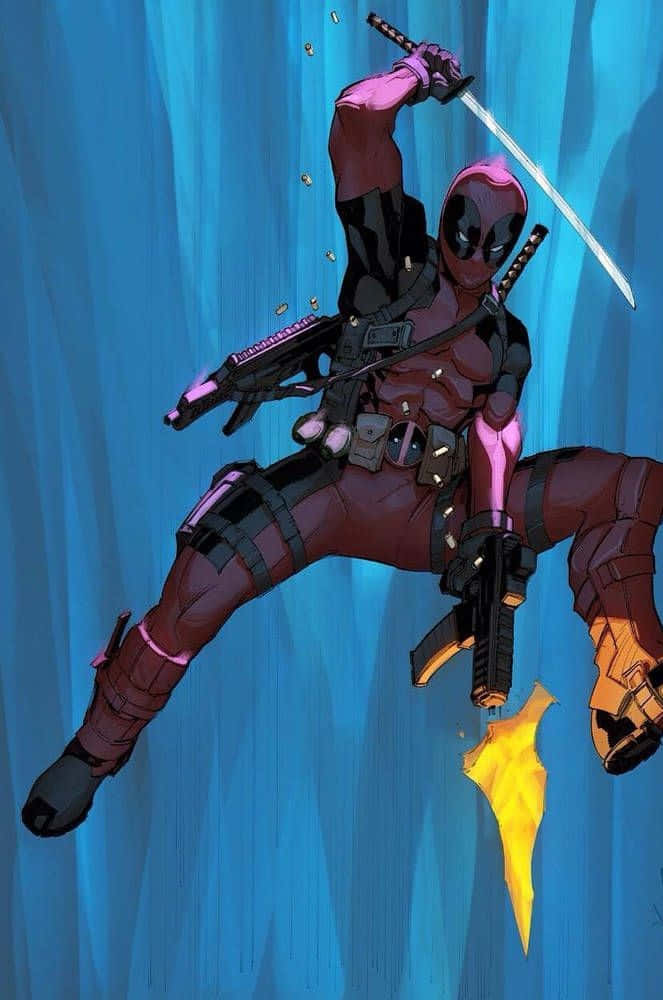 Deadpool Art 桌布 壁紙 — 死侍動態地跳躍穿過藍色水狀虛空，揮舞劍和槍，身後留下火焰軌跡。