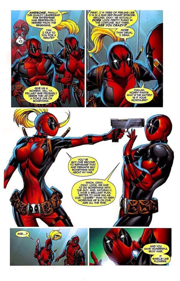 Deadpool And Lady Deadpool 桌布 壁紙 — 死侍和女死侍穿著紅黑套裝，在帶有對話氣泡的漫畫格中爭論並用槍指著對方。