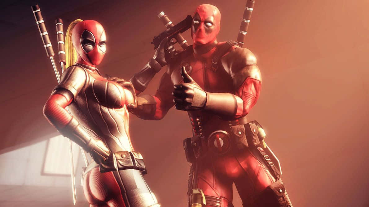 Deadpool And Lady Deadpool 桌布 壁紙 — 死侍和女死侍自信地穿著紅色和銀色戰衣，手持武器，在溫暖而戲劇性的燈光下豎起大拇指。