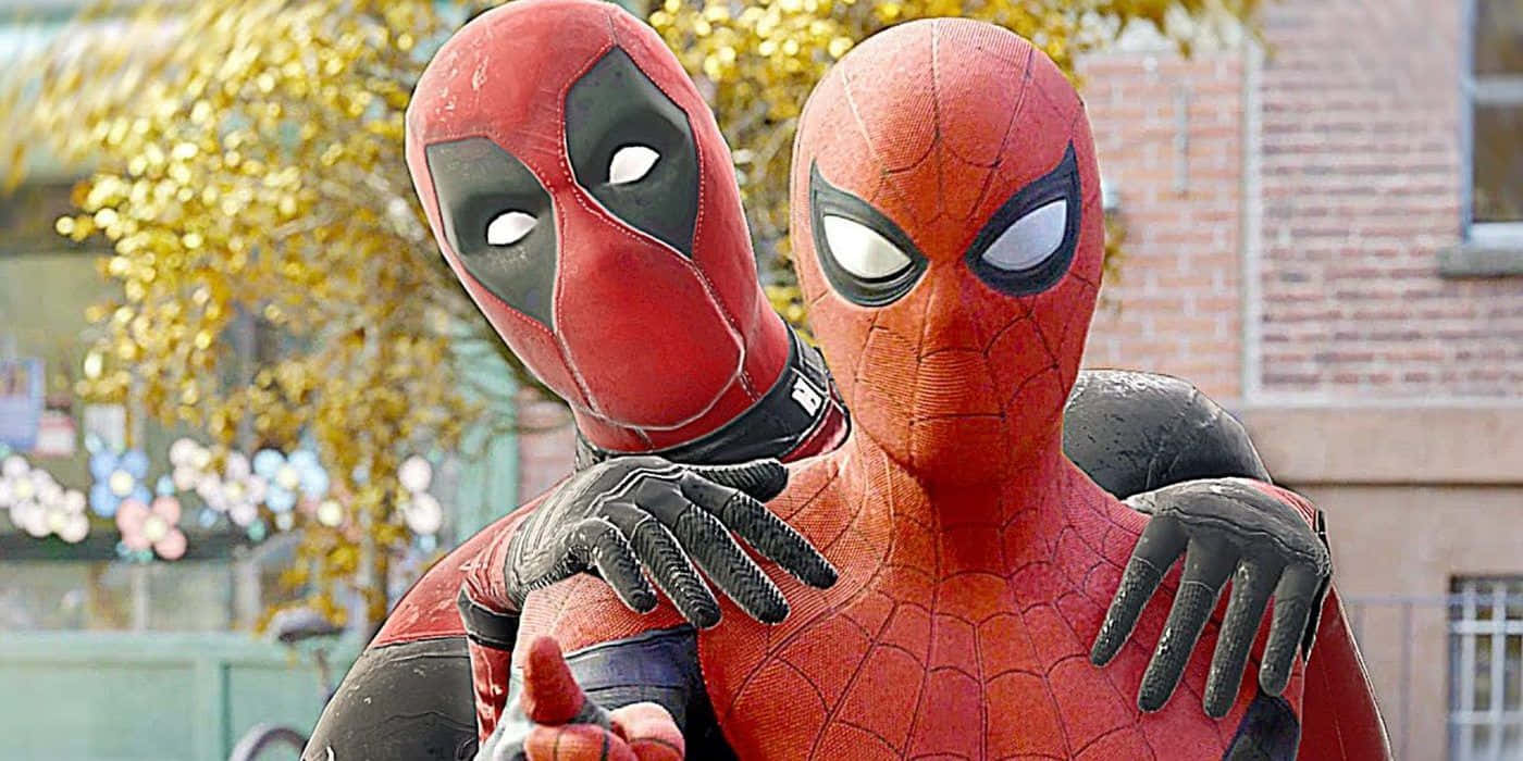 Deadpool And Spiderman 桌布 壁紙 — 死侍和蜘蛛人穿著紅色戰衣，在模糊的城市背景和金色樹葉中溫馨擁抱。