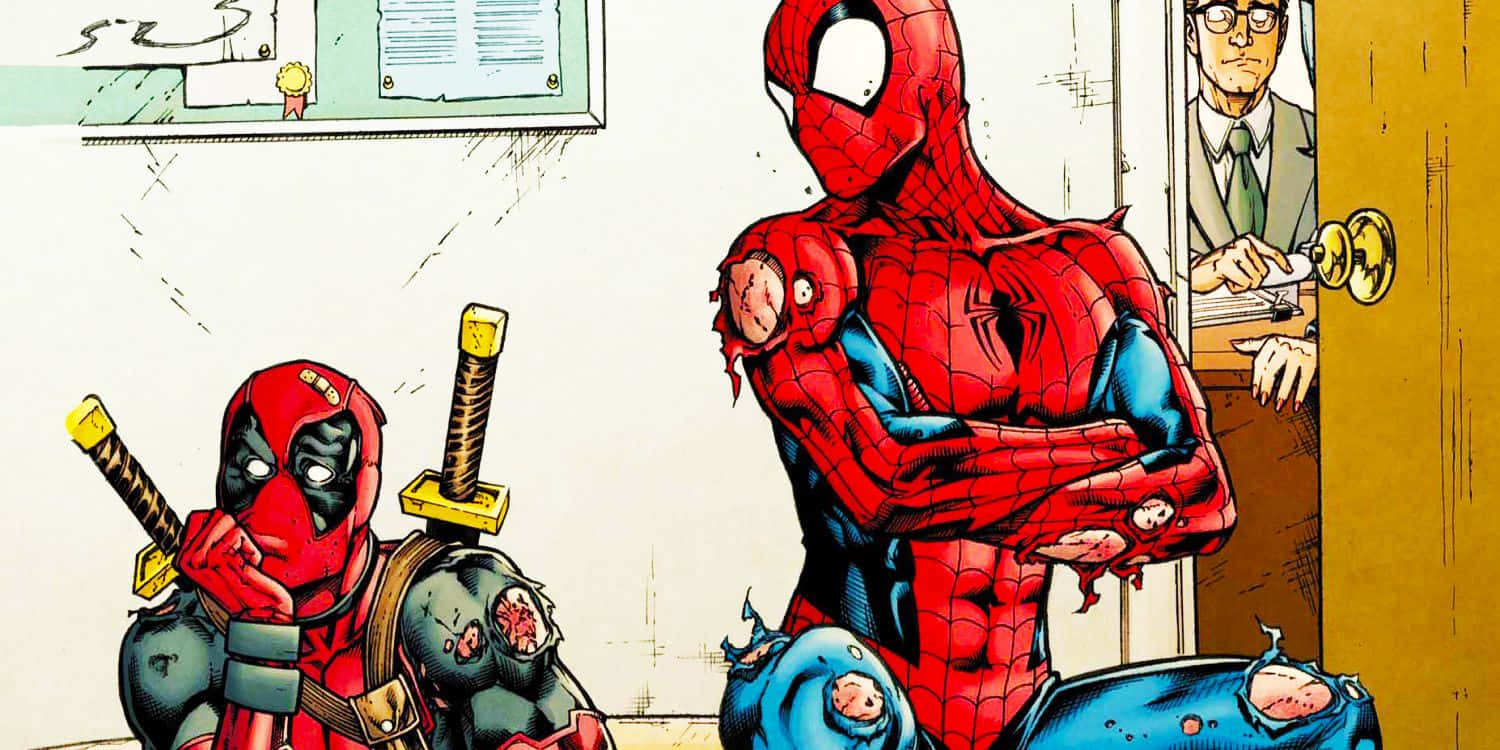 Deadpool And Spiderman 桌布 壁紙 — 死侍和蜘蛛人站在一個房間裡，身後門口有一個男人。