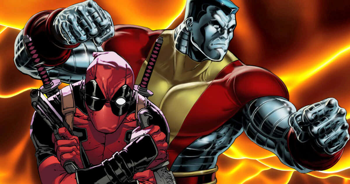 Deadpool And Colossus 桌布 壁紙 — 死侍和鋼人在熾熱的橙色和黃色背景下擺出動態戰鬥姿勢。